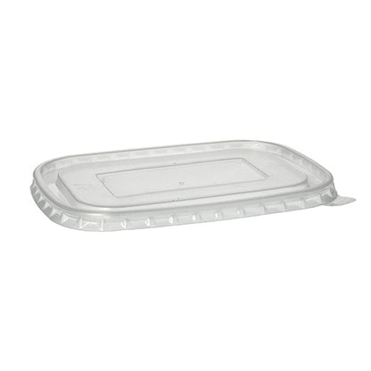 A tampa Starpak 25 para copos de embalagem em PP, retangular (1 cm x 17,3 cm x 12,3 cm) em filme transparente é mostrada sobre um fundo branco. A tampa tem uma cor clara, uma borda ligeiramente elevada e um centro plano.