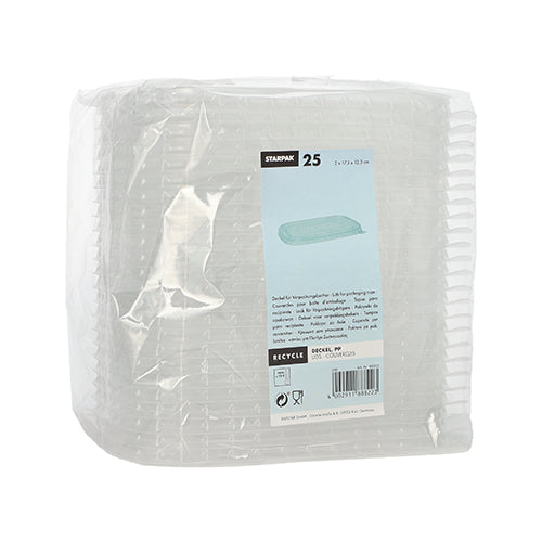 Um pacote com 25 tampas retangulares e transparentes Starpak PP para copos de embalagem (1 x 17,3 x 12,3 cm) está envolto em plástico e tem na frente um rótulo azul e branco com informações sobre o produto e reciclagem.