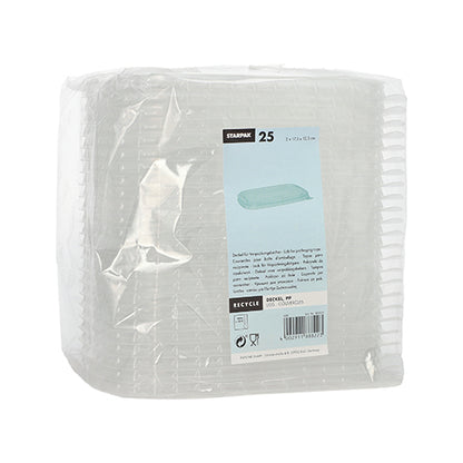 Um pacote com 25 tampas retangulares e transparentes Starpak PP para copos de embalagem (1 x 17,3 x 12,3 cm) está envolto em plástico e tem na frente um rótulo azul e branco com informações sobre o produto e reciclagem.