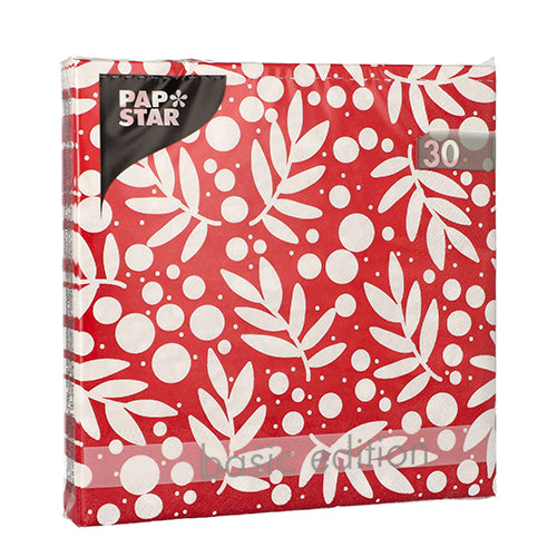 Eine Packung mit 30 PAPSTAR 3-lagigen Servietten (33x33 cm, 1/4 Falz) der PAPSTAR GmbH, mit rotem Hintergrund mit weißen Blättern und Punkten und der Aufschrift „Basic Edition“ in der unteren rechten Ecke.