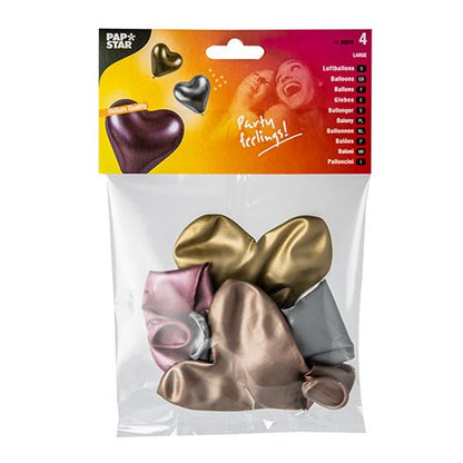 Os PAPSTAR 4 balões grandes da PAPSTAR GmbH incluem quatro balões de coração não inflados em dourado metálico, prata, ouro rosa e bronze em uma embalagem transparente com marca e motivos de balão - ideal para decoração festiva.