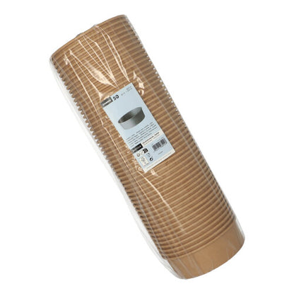 Um pacote de 50 Starpak tigelas de salada redondas e marrons de papelão com revestimento de PE, embalado em plástico, empilhado, com etiqueta de produto branca e código de barras na frente - versátil para uso.