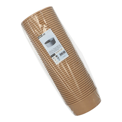 Um pacote de 50 tigelas de salada Starpak, tigelas de papel redondas e marrons com revestimento de PE, em plástico transparente com etiqueta de informação branca - perfeito para uma embalagem ecológica. Marca: Starpak.