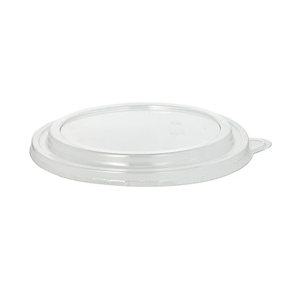 A tampa Starpak 50 para tigelas de salada é uma tampa redonda e transparente de PET (2 cm de altura) com uma pequena aba de rasgo, ilustrada sobre fundo branco.