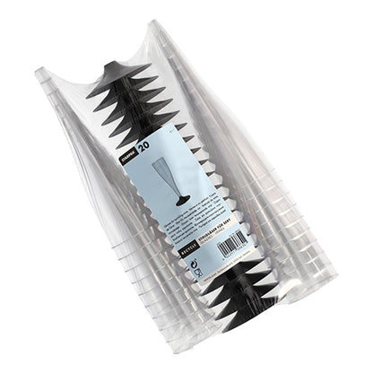 Uma embalagem de plástico transparente com 20 copos de haste altos e esbeltos Starpak para vinho branco (PS cristalino), empilhados com um rótulo branco contendo informações do produto, código de barras e um diagrama de um copo elegante.