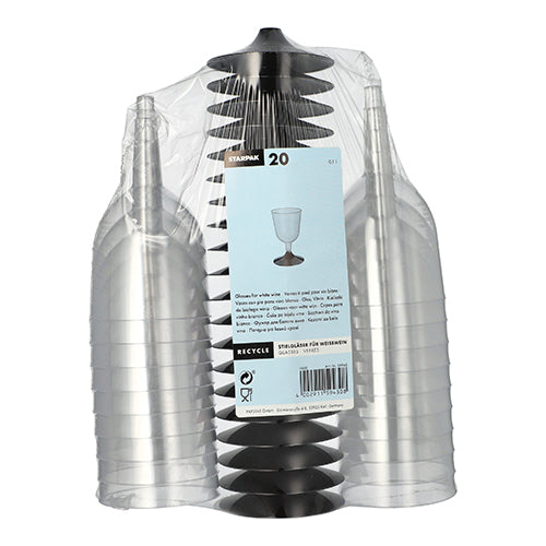 Um conjunto de 20 copos de haste Starpak para vinho branco em PS transparente é embalado junto em filme plástico, com um rótulo azul claro que mostra informações do produto e uma ilustração simples de uma taça de vinho em design elegante.