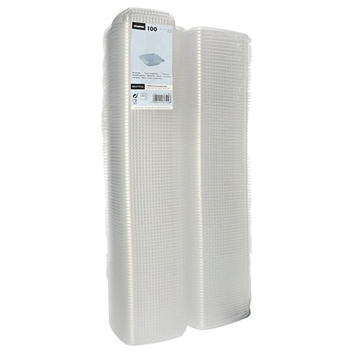 Um pacote com 100 copos de embalagem Starpak transparentes e retangulares com tampas dobráveis (PP), agrupados em plástico com uma etiqueta de produto na frente.