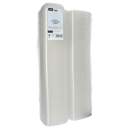 Um pacote com 100 copos de embalagem Starpak transparentes e retangulares com tampas dobráveis (PP), agrupados em plástico com uma etiqueta de produto na frente.