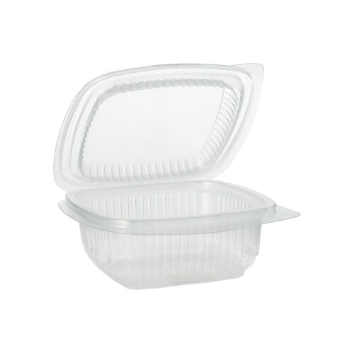 Os copos de embalagem Starpak 100 com tampas dobráveis, PP retangular, transparente da Starpak, estão abertos e vazios diante de um fundo branco.