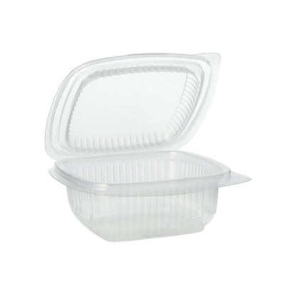 Os copos de embalagem Starpak 100 com tampas dobráveis, PP retangular, transparente da Starpak, estão abertos e vazios diante de um fundo branco.