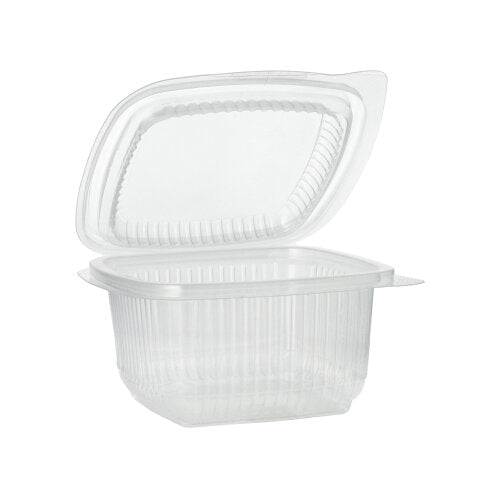 O copo de embalagem Starpak 100 com tampas dobráveis, PP retangular, transparente, está aberto e vazio diante de um fundo branco simples.