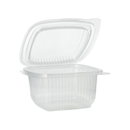 O copo de embalagem Starpak 100 com tampas dobráveis, PP retangular, transparente, está aberto e vazio diante de um fundo branco simples.