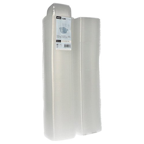 Dois montes de copos de embalagem Starpak 100 com tampas dobráveis, PP retangular, transparente, estão ilustrados lado a lado. Cada um tem uma estrutura em grade, e em um dos montes está anexada uma etiqueta de produto no topo. Marca: Starpak.