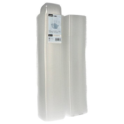 Dois montes de copos de embalagem Starpak 100 com tampas dobráveis, PP retangular, transparente, estão ilustrados lado a lado. Cada um tem uma estrutura em grade, e em um dos montes está anexada uma etiqueta de produto no topo. Marca: Starpak.