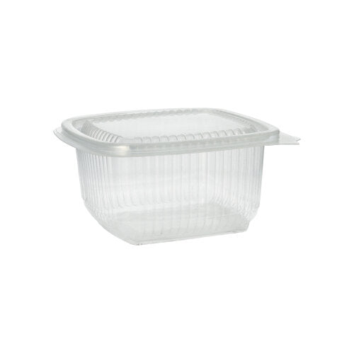 O copo de embalagem Starpak 100 com tampas dobráveis, um copo de polipropileno transparente e retangular da marca Starpak, está ilustrado diante de um fundo branco.