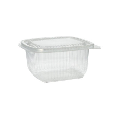 O copo de embalagem Starpak 100 com tampas dobráveis, um copo de polipropileno transparente e retangular da marca Starpak, está ilustrado diante de um fundo branco.