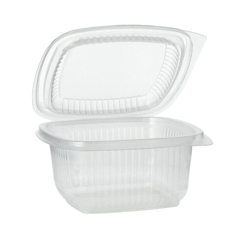 Um copo de embalagem Starpak 100 transparente com tampas dobráveis de PP, retangular, está aberto e colocado sobre um fundo branco.