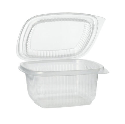 Um copo de embalagem Starpak 100 transparente com tampas dobráveis de PP, retangular, está aberto e colocado sobre um fundo branco.