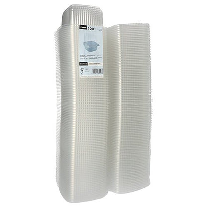 Um pacote de 100 copos de embalagem Starpak com tampas dobráveis, PP, retangular, transparente, está embalado em uma embalagem transparente com uma etiqueta Starpak branca com texto preto e um código de barras na parte superior.