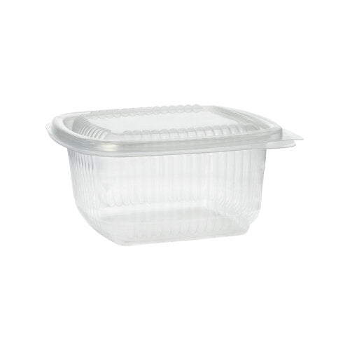 Um copo de embalagem Starpak 100 transparente, retangular, com tampas dobráveis (PP) está fechado e vazio diante de um fundo branco simples.