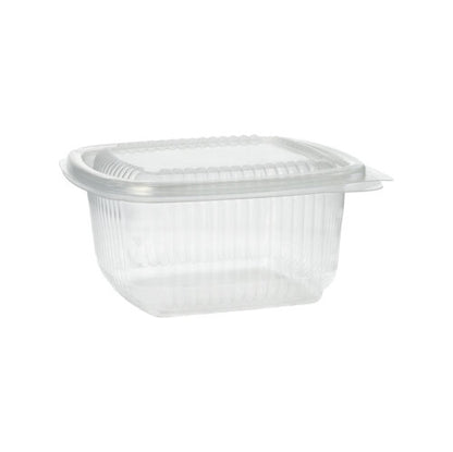Um copo de embalagem Starpak 100 transparente, retangular, com tampas dobráveis (PP) está fechado e vazio diante de um fundo branco simples.