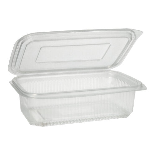 Um copo de embalagem Starpak 50 transparente e retangular com tampas dobráveis da Starpak está aberto e vazio, mostrado contra um fundo branco simples.