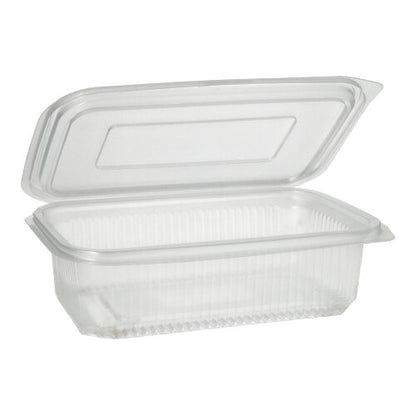 Um copo de embalagem Starpak 50 transparente e retangular com tampas dobráveis da Starpak está aberto e vazio, mostrado contra um fundo branco simples.