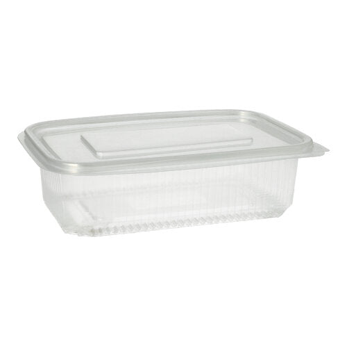 Um copo de embalagem Starpak 50 com tampas dobráveis, PP transparente retangular, repousa sobre um fundo branco simples com a tampa transparente fechada.