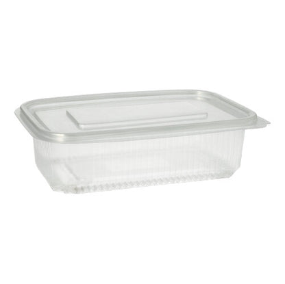 Um copo de embalagem Starpak 50 com tampas dobráveis, PP transparente retangular, repousa sobre um fundo branco simples com a tampa transparente fechada.