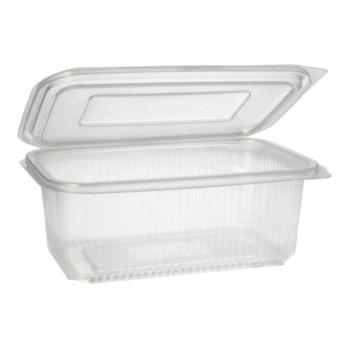 O copo de embalagem Starpak 50 com tampas dobráveis é um recipiente PP transparente e retangular com estrutura canelada e tampa articulada, ideal para o armazenamento seguro de alimentos.