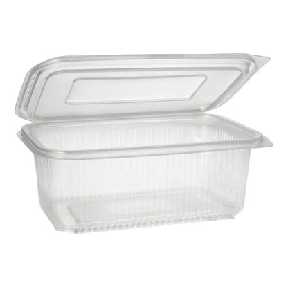O copo de embalagem Starpak 50 com tampas dobráveis é um recipiente PP transparente e retangular com estrutura canelada e tampa articulada, ideal para o armazenamento seguro de alimentos.