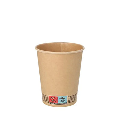 Um PAPSTAR GmbH 50 copos descartáveis de papel 0,2 l com um aviso próximo à base é exibido contra um fundo branco.