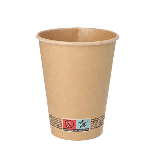 Sobre um fundo branco está em pé um simples copo de papel marrom PAPSTAR 50 copos descartáveis (0,3 l) da PAPSTAR GmbH, com aviso e símbolos de reciclagem na borda inferior.