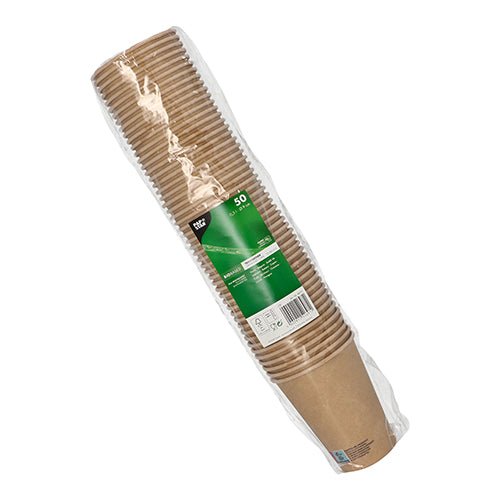 Um pacote com 50 copos de papel (0,3 l) da PAPSTAR GmbH feito de cartão resistente, envolto em filme transparente e com uma etiqueta frontal verde com informações do produto.