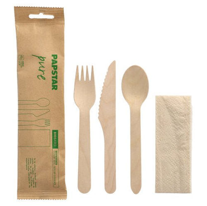 O PAPSTAR 50 conjuntos de talheres, madeira "pure" contém garfo, faca, colher e um guardanapo no saco de papel, biodegradável e com impressão "PAPSTAR pure" – da PAPSTAR GmbH.