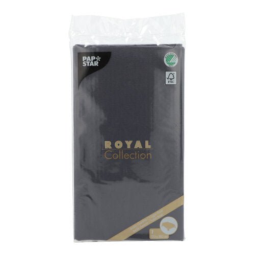 Na imagem está uma toalha de mesa PAPSTAR da coleção ROYAL (120 x 180 cm) da PAPSTAR GmbH. A embalagem tem texto em dourado e branco, logotipos e um selo FSC - perfeito para uma mesa elegantemente posta.