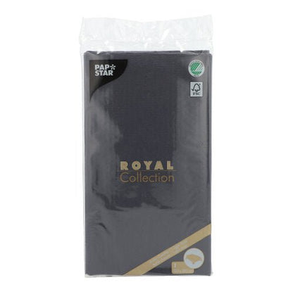 Na imagem está uma toalha de mesa PAPSTAR da coleção ROYAL (120 x 180 cm) da PAPSTAR GmbH. A embalagem tem texto em dourado e branco, logotipos e um selo FSC - perfeito para uma mesa elegantemente posta.