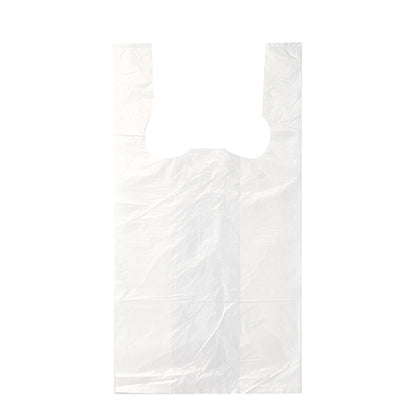 Um saco de camisola Starpak 200, HDPE branco, com alças é mostrado plano em um fundo branco, destacando as dobras e vincos sutis do saco vazio.