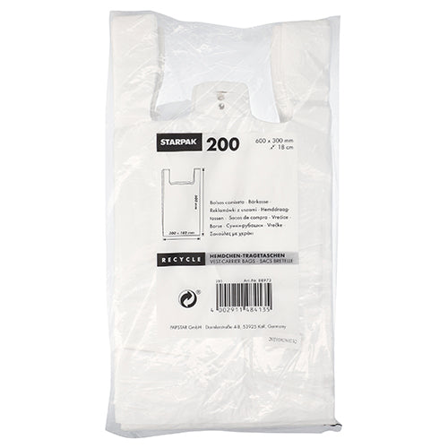 Um pacote com 200 sacos de camisola Starpak, HDPE branco, com dimensões do produto e informações de reciclagem ecológica impressas em várias línguas na embalagem.