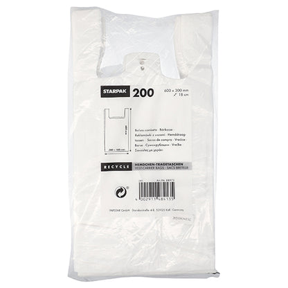 Um pacote com 200 sacos de camisola Starpak, HDPE branco, com dimensões do produto e informações de reciclagem ecológica impressas em várias línguas na embalagem.