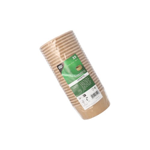 Uma pilha de 25 copos de sopa redondos e castanhos PAPSTAR, 180 ml, feitos de papel com revestimento de folha da PAPSTAR GmbH, em embalagem de plástico com etiqueta verde.