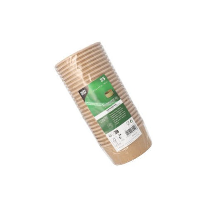 Uma pilha de 25 copos de sopa redondos e castanhos PAPSTAR, 180 ml, feitos de papel com revestimento de folha da PAPSTAR GmbH, em embalagem de plástico com etiqueta verde.