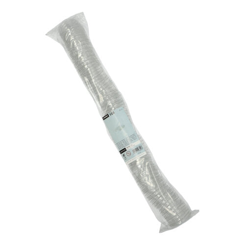 Eine in Kunststoff verpackte Packung mit 125 durchsichtigen Starpak-PET-Deckeln für Dressingbecher, rund, Ø 5,9 cm × 0,7 cm, dicht gestapelt in einer zylindrischen Form mit einem Produktetikett auf der Verpackung.