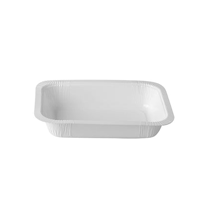 Uma tigela Starpak 260 selada retangular branca (530 ml, 3,7 x 13,7 x 18,1 cm) feita de cartão com bordas elevadas, ideal para embalagem alimentar, é mostrada sobre um fundo branco. Embalagem com 260 unidades.