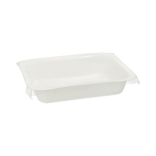 Um recipiente alimentar Starpak 260 selado retangular branco (530 ml, 3,7 x 13,7 x 18,1 cm, cartão descartável) em frente a um fundo branco simples. Embalagem com 260 unidades.