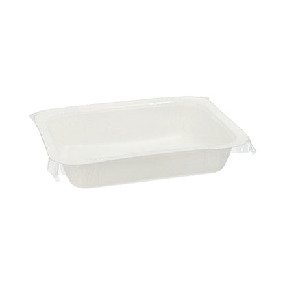 Um recipiente alimentar Starpak 260 selado retangular branco (530 ml, 3,7 x 13,7 x 18,1 cm, cartão descartável) em frente a um fundo branco simples. Embalagem com 260 unidades.