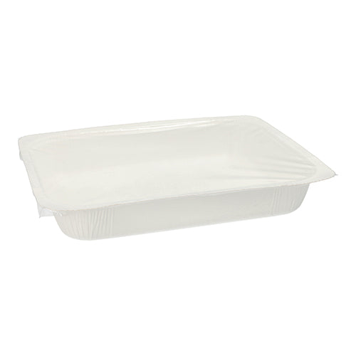 As tigelas de vedação Starpak 180 são recipientes de papel retangulares brancos de 1200 ml (4,2 x 18,9 x 24,8 cm) com tampa transparente segura, perfeitas para soluções de embalagem inovadoras; exibidas vazias sobre um fundo branco.