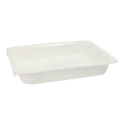 As tigelas de vedação Starpak 180 são recipientes de papel retangulares brancos de 1200 ml (4,2 x 18,9 x 24,8 cm) com tampa transparente segura, perfeitas para soluções de embalagem inovadoras; exibidas vazias sobre um fundo branco.
