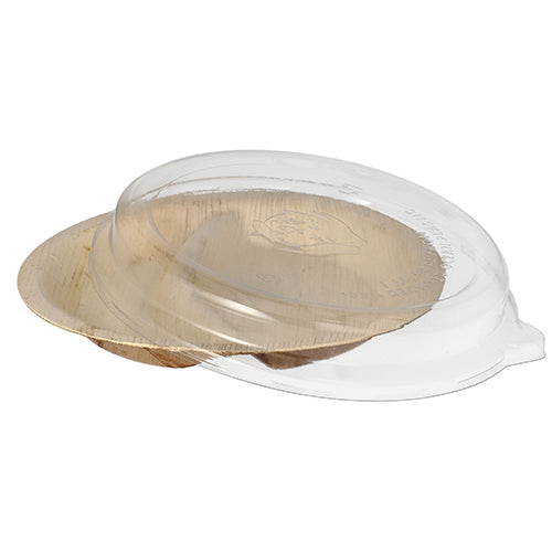 O Kombipack Starpak contém 10 pratos de folha de palma, 2-divididos, 300 ml, Ø 23 cm · 5,3 cm com tampa clara de rPET – prático e sustentável para apresentação ou embalagem de alimentos.