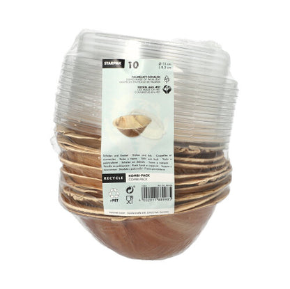 Starpak 10 Schalen, folha de palma com tampa de rPET "Kombipack": Um conjunto de tigelas descartáveis ecológicas com tampa de PET reciclado. As etiquetas frontais mostram símbolos de reciclagem e informações do produto.